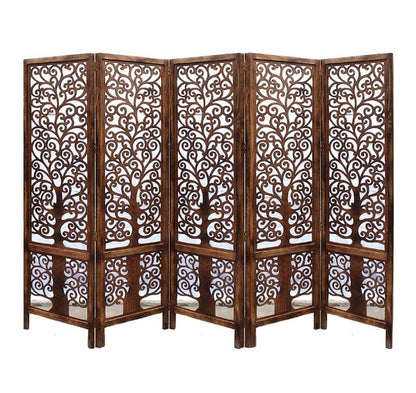 Handgefertigter 5-teiliger Sichtschutz aus Mangoholz – Braun mit kunstvollem Design und fünf Paneelen.