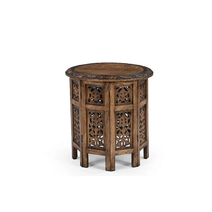 Antique Brown Hand-Carved Solid Wood Round Side/Coffee Table – 45cm Diameter Marudhara