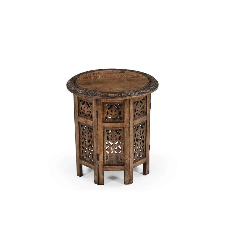 Antique Brown Hand-Carved Solid Wood Round Side/Coffee Table – 45cm Diameter Marudhara