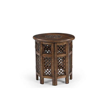 Runder Beistelltisch aus Mangoholz mit orientalischen Schnitzereien, handgefertigt, iAnanas