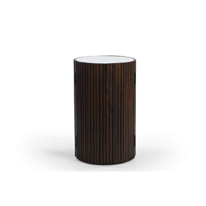 Modern Cylindrical Wooden Bar Cabinet with White Marble Top – Compact Bar Table Storage Marudhara