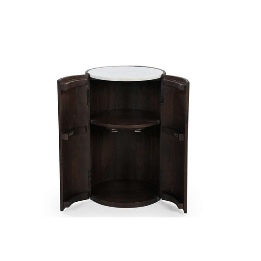 Modern Cylindrical Wooden Bar Cabinet with White Marble Top – Compact Bar Table Storage Marudhara