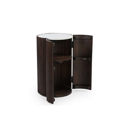 Modern Cylindrical Wooden Bar Cabinet with White Marble Top – Compact Bar Table Storage Marudhara