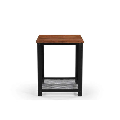 Beistelltisch aus Mangoholz mit schwarzem Metallgestell und Ablage, industrial Design