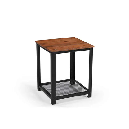 Quadratischer Beistelltisch aus Mangoholz mit schwarzem Metallgestell und Gitterablage, iAnanas