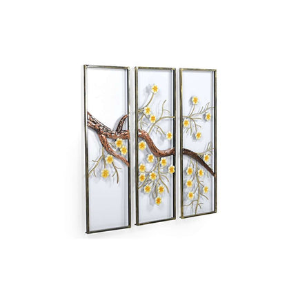 Set of 3 Cherry Blossom Tree Panel Wall Art in Gold and Yellow 92 x 3 x 95 cm iAnanas