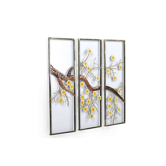 Set of 3 Cherry Blossom Tree Panel Wall Art in Gold and Yellow 92 x 3 x 95 cm