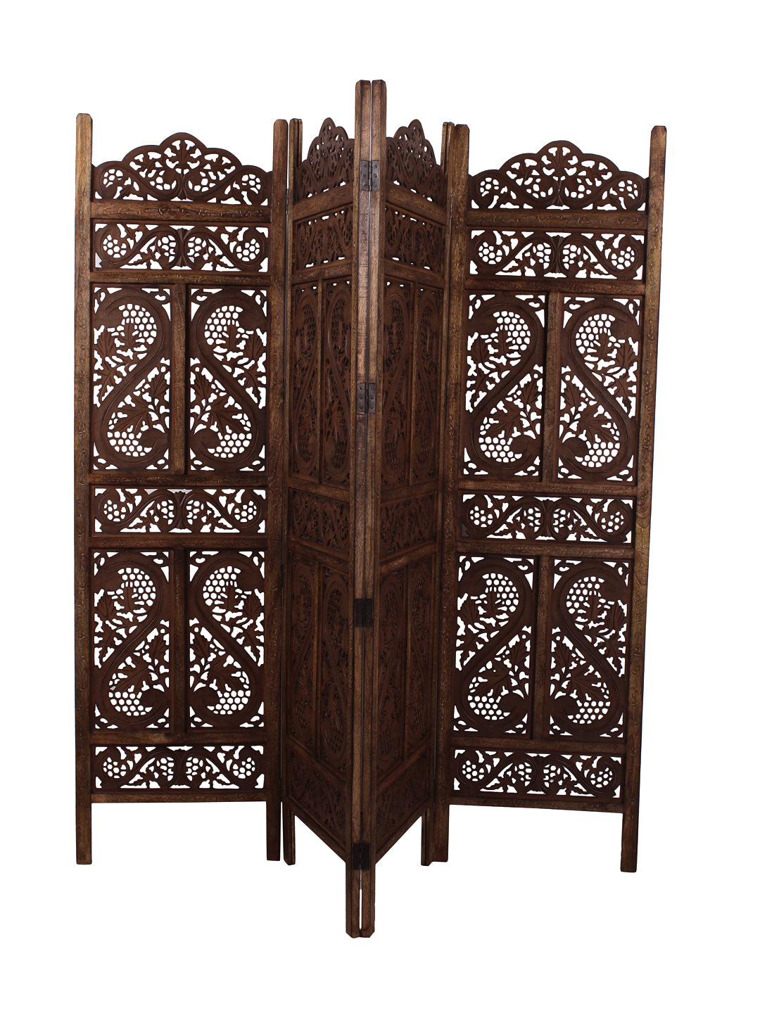 Handgefertigter Paravent aus Mangoholz und MDF mit floralen Motiven, 4-teilig, platzsparend, dekorativer Sichtschutz für Wohnzimmer, Schlafzimmer, Büro &amp; Balkon, 187x2x180 cm, Braun