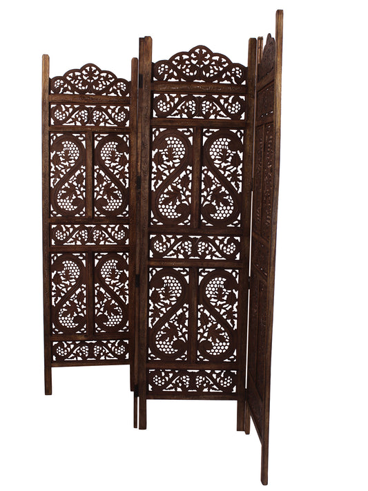 Raumteiler aus Mangoholz und MDF – 5-teiliger, handgefertigter Paravent mit floralem Muster, Sichtschutz und Dekoration für Wohnzimmer, Schlafzimmer, Balkon und Büro – Braun 234 x 2 x 180 cm