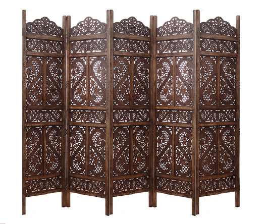 Mango Wood and MDF Room Divider - 5 Panel Floral Handmade Screen, Privacy Screen & Decoration for Living Room, Bedroom, Balcony & Office - Brown 234x2x180 cm Marudhara