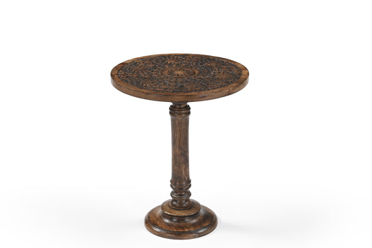 iAnanas Antique Brown Hand-Carved Round Side Table with Embellishments – Mango Wood