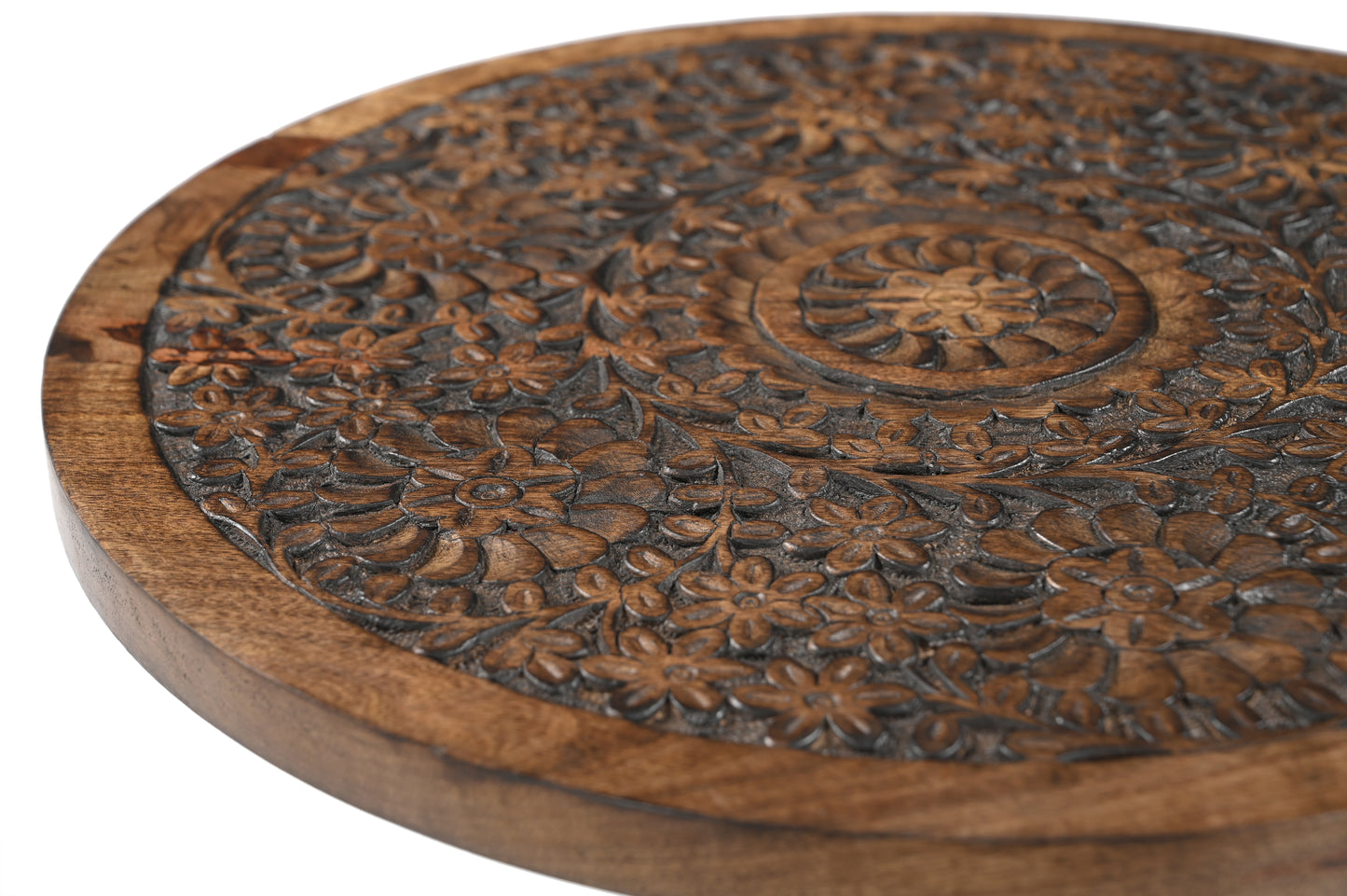 iAnanas Antique Brown Hand-Carved Round Side Table with Embellishments – Mango Wood