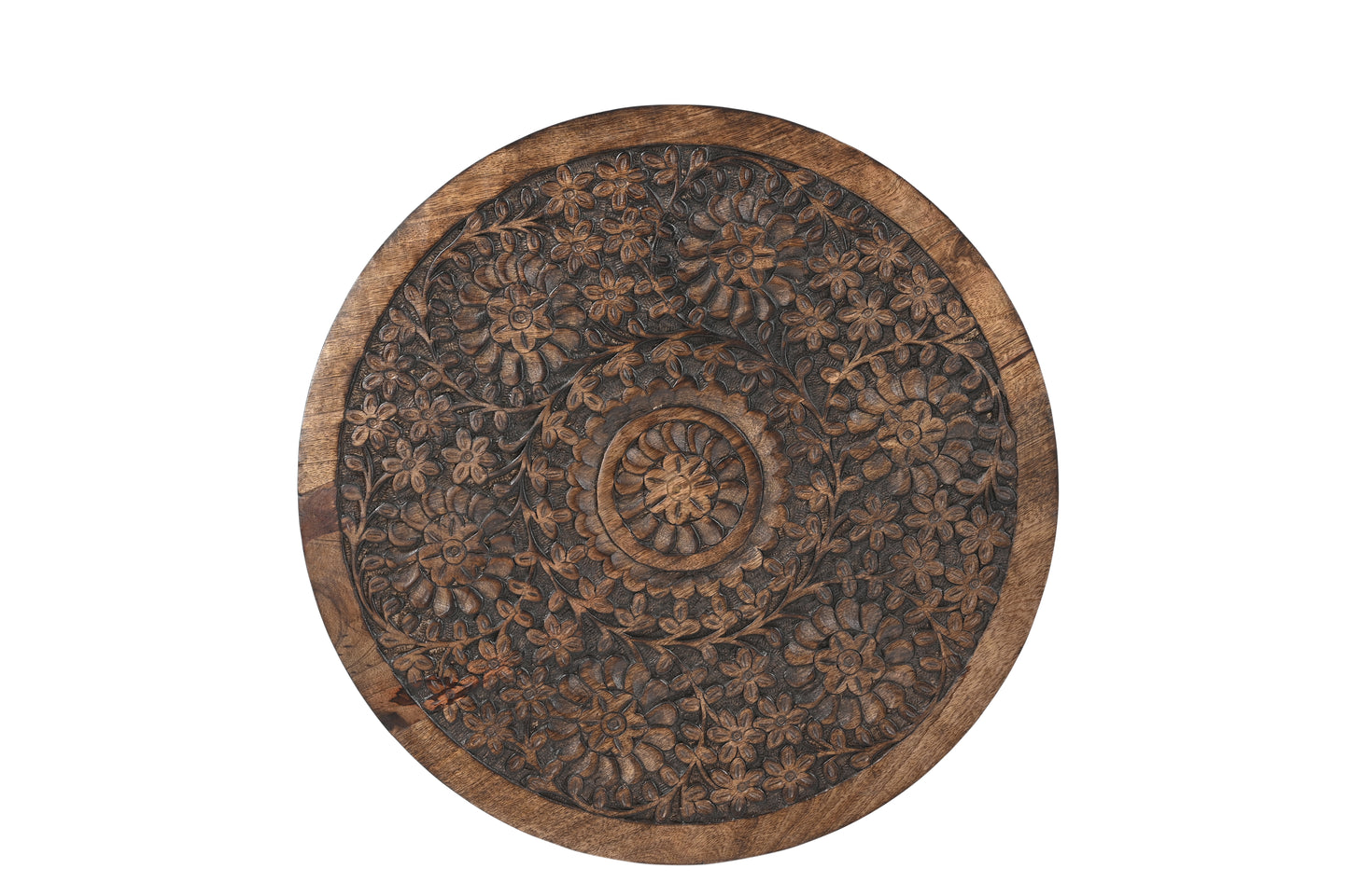 iAnanas Antique Brown Hand-Carved Round Side Table with Embellishments – Mango Wood