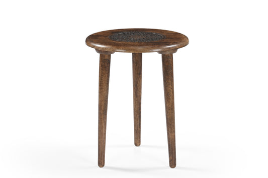 Rustic Solid Wood Side Table – Handmade Round Stool with Carved Mandala Top & 3 Legs – Boho Accent Furniture