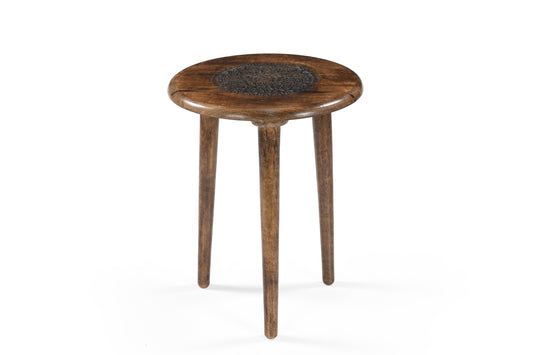 Rustic Solid Wood Side Table – Handmade Round Stool with Carved Mandala Top & 3 Legs – Boho Accent Furniture