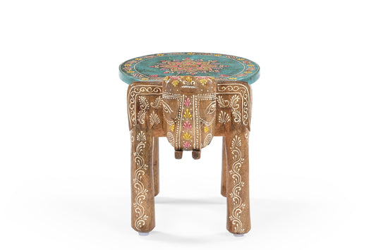 Hand-Painted Mango Wood Elephant Side Table – Decorative Stool & Plant Stand with Mandala Design
