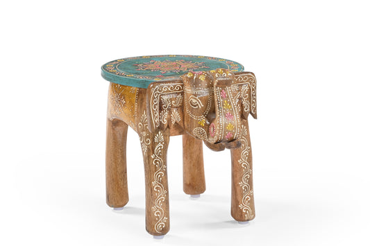 Hand-Painted Mango Wood Elephant Side Table – Decorative Stool & Plant Stand with Mandala Design