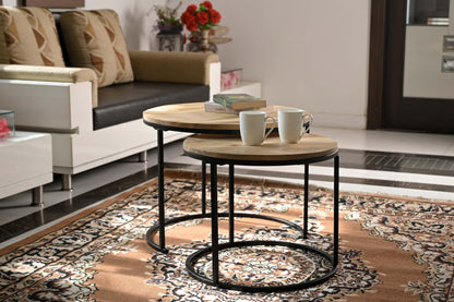 Rustic Round Wooden Side Tables – Set of 2 with Industrial Metal Legs Marudhara