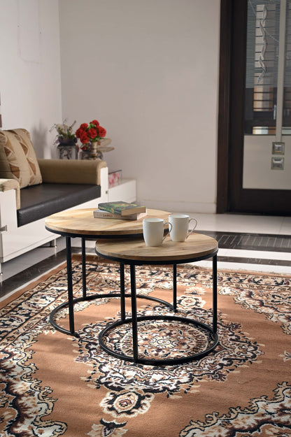 Rustic Round Wooden Side Tables – Set of 2 with Industrial Metal Legs Marudhara