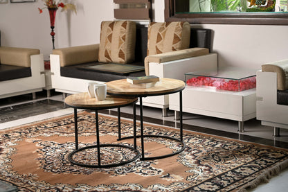 Rustic Round Wooden Side Tables – Set of 2 with Industrial Metal Legs Marudhara