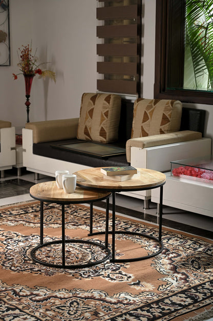 Rustic Round Wooden Side Tables – Set of 2 with Industrial Metal Legs Marudhara