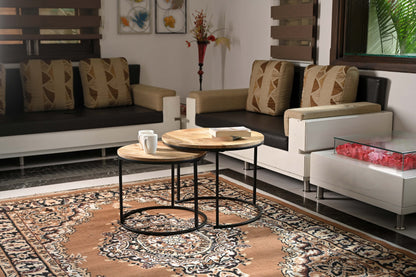 Rustic Round Wooden Side Tables – Set of 2 with Industrial Metal Legs Marudhara