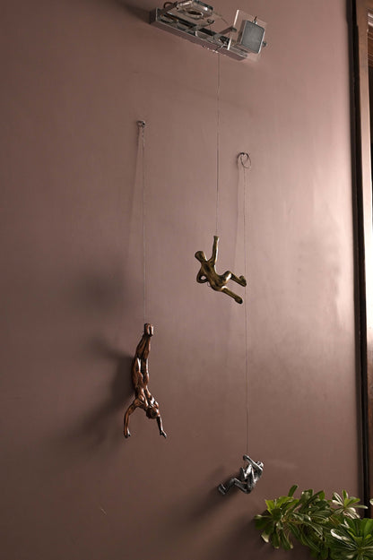 Men Climbing Wall Sculpture (Set of 3), Made of Iron - Perfect Home Decor, Gift, Handmade and Finished in Copper, Bronze, and Silver Colour. Marudhara