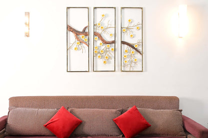Set of 3 Cherry Blossom Tree Panel Wall Art in Gold and Yellow 92 x 3 x 95 cm iAnanas
