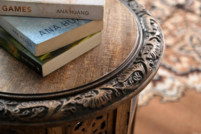 Antique Brown Hand-Carved Solid Wood Round Side/Coffee Table – 45cm Diameter Marudhara