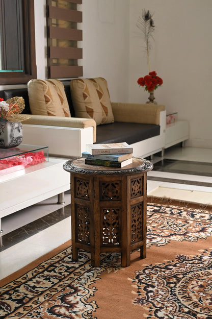 Antique Brown Hand-Carved Solid Wood Round Side/Coffee Table – 45cm Diameter Marudhara