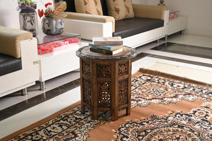 Antique Brown Hand-Carved Solid Wood Round Side/Coffee Table – 45cm Diameter Marudhara