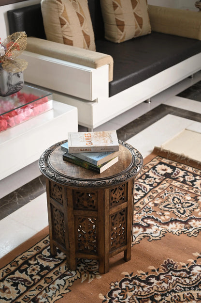 Antique Brown Hand-Carved Solid Wood Round Side/Coffee Table – 45cm Diameter Marudhara