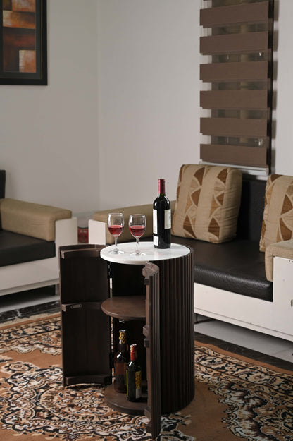 Modern Cylindrical Wooden Bar Cabinet with White Marble Top – Compact Bar Table Storage Marudhara