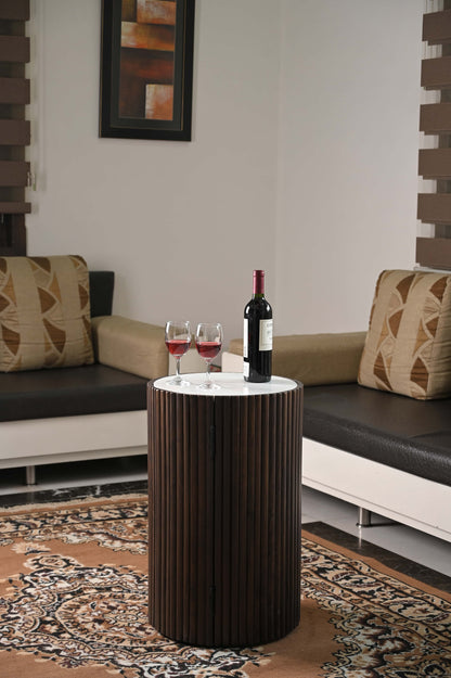 Modern Cylindrical Wooden Bar Cabinet with White Marble Top – Compact Bar Table Storage Marudhara