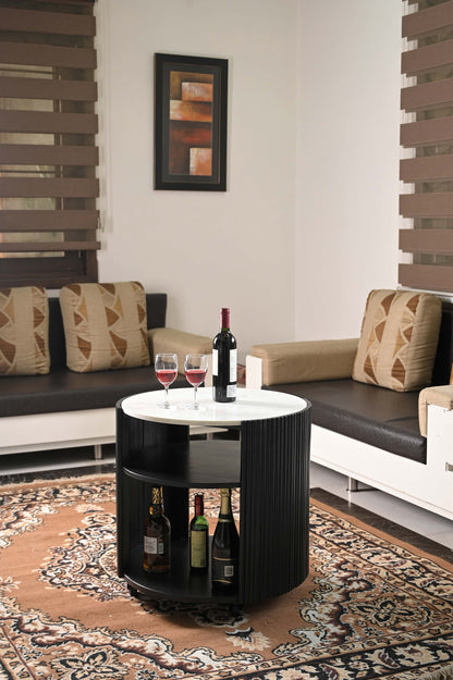 Modern Round Side Table with Marble Top & Black Wooden Legs – Elegant Accent Table Marudhara