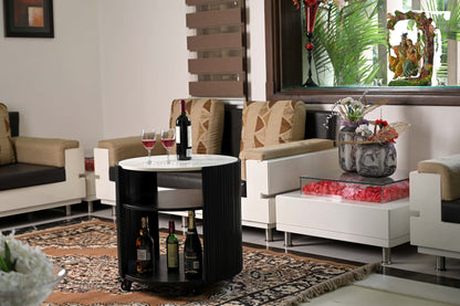 Modern Round Side Table with Marble Top & Black Wooden Legs – Elegant Accent Table Marudhara