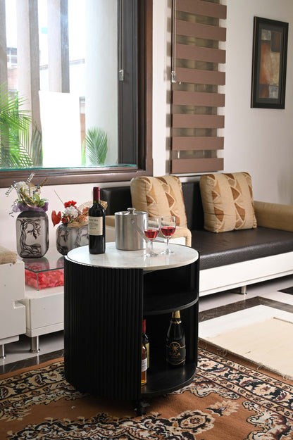 Modern Round Side Table with Marble Top & Black Wooden Legs – Elegant Accent Table Marudhara