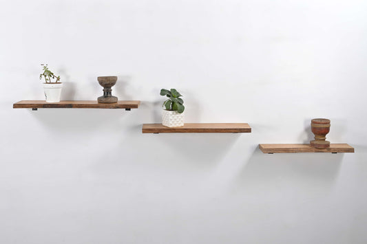 Rustic Floating Wooden Wall Shelf – Solid Wood with Industrial Brackets, Set of 3 Marudhara
