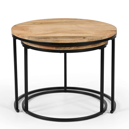 Rustic Round Wooden Side Tables – Set of 2 with Industrial Metal Legs Marudhara