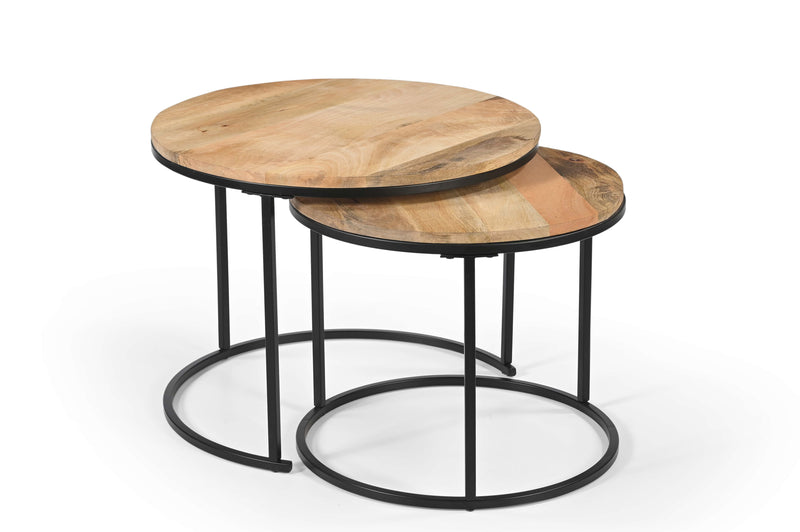 Rustic Round Wooden Side Tables – Set of 2 with Industrial Metal Legs Marudhara