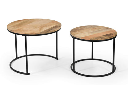 Rustic Round Wooden Side Tables – Set of 2 with Industrial Metal Legs Marudhara
