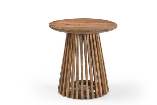 Round Luxury Mango Wood Coffee Table with Grid Frame, Stylish Modern Slatted Side Table in Boho Style for the Living Room, Rustic Natural Finish, Elegant and Durable, 50x50x50 cm