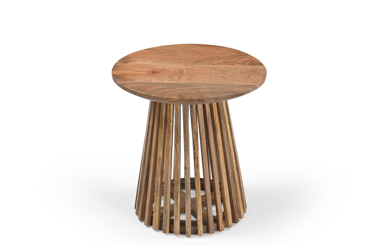 Round Luxury Mango Wood Coffee Table with Grid Frame, Stylish Modern Slatted Side Table in Boho Style for the Living Room, Rustic Natural Finish, Elegant and Durable, 50x50x50 cm