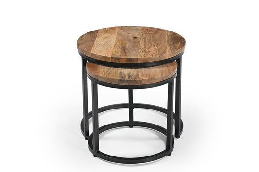iAnanas Set of 2 Round Coffee Tables, Handmade Mango Wood Top and Iron Frame, Natural Finish, Modern, Industrial Minimalist Design for Living Room, Office - 50x50x43, 40x40x38 cm