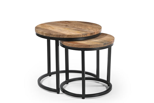 iAnanas Set of 2 Round Coffee Tables, Handmade Mango Wood Top and Iron Frame, Natural Finish, Modern, Industrial Minimalist Design for Living Room, Office - 50x50x43, 40x40x38 cm