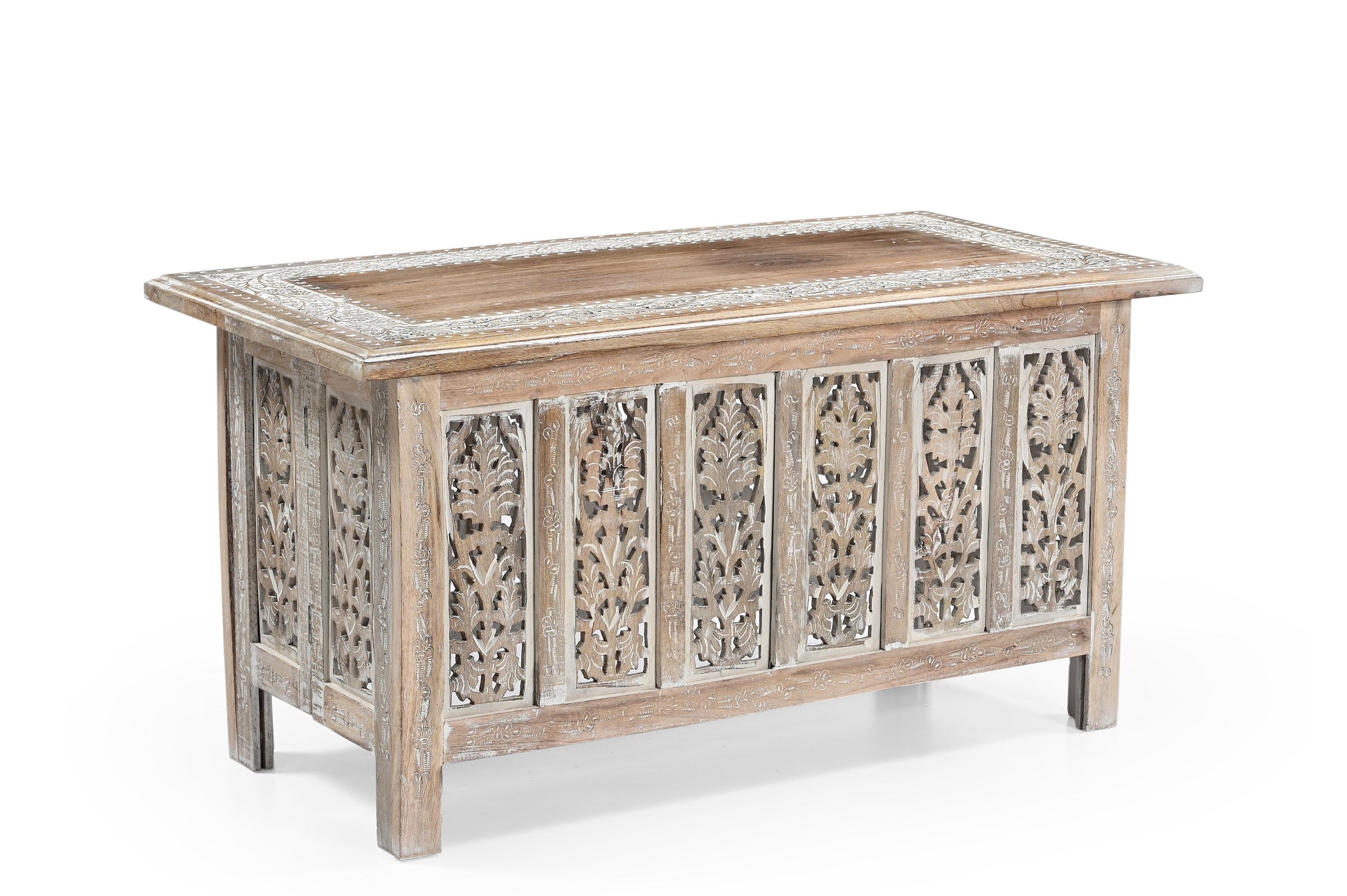 Vintage Solid Mango Wood Coffee Table - Handmade Wooden Coffee Table with Carved Details, Rustic Brown Finish, Decorative and Sturdy for Living Room - 92 x 45 x 45 cm iAnanas