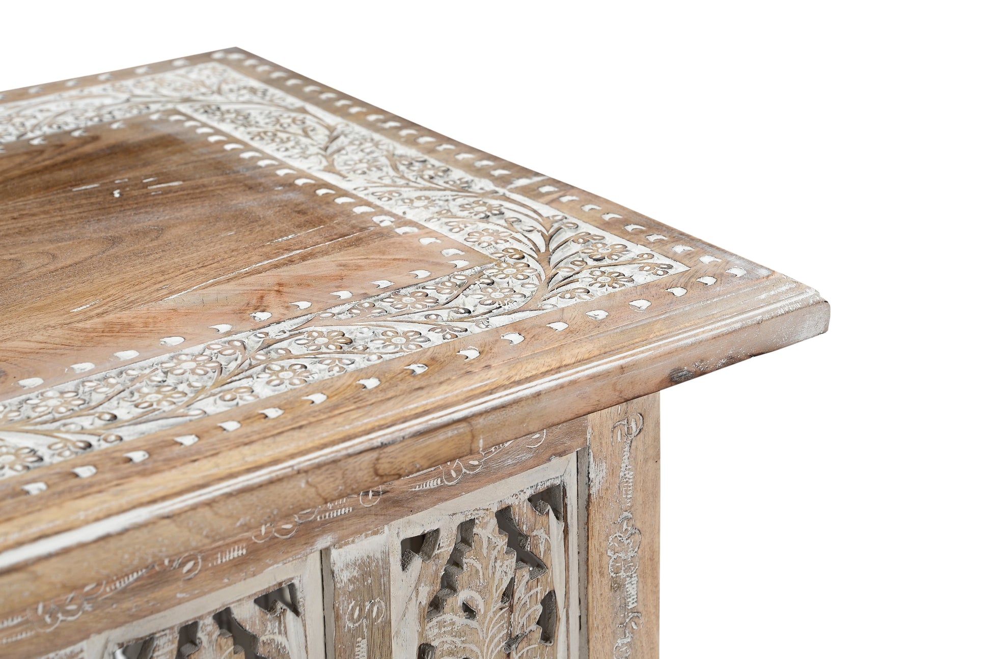 Vintage Solid Mango Wood Coffee Table - Handmade Wooden Coffee Table with Carved Details, Rustic Brown Finish, Decorative and Sturdy for Living Room - 92 x 45 x 45 cm iAnanas