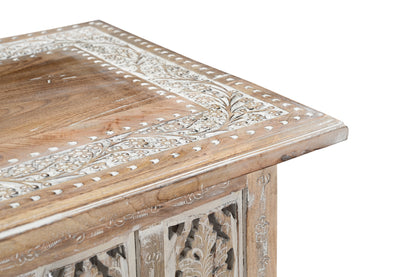 Vintage Solid Mango Wood Coffee Table - Handmade Wooden Coffee Table with Carved Details, Rustic Brown Finish, Decorative and Sturdy for Living Room - 92 x 45 x 45 cm iAnanas