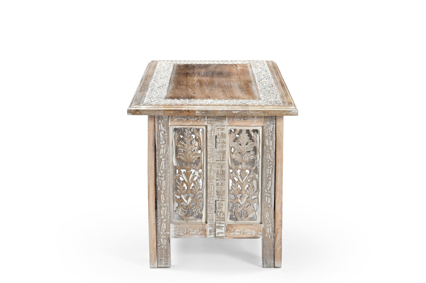 Vintage Solid Mango Wood Coffee Table - Handmade Wooden Coffee Table with Carved Details, Rustic Brown Finish, Decorative and Sturdy for Living Room - 92 x 45 x 45 cm iAnanas