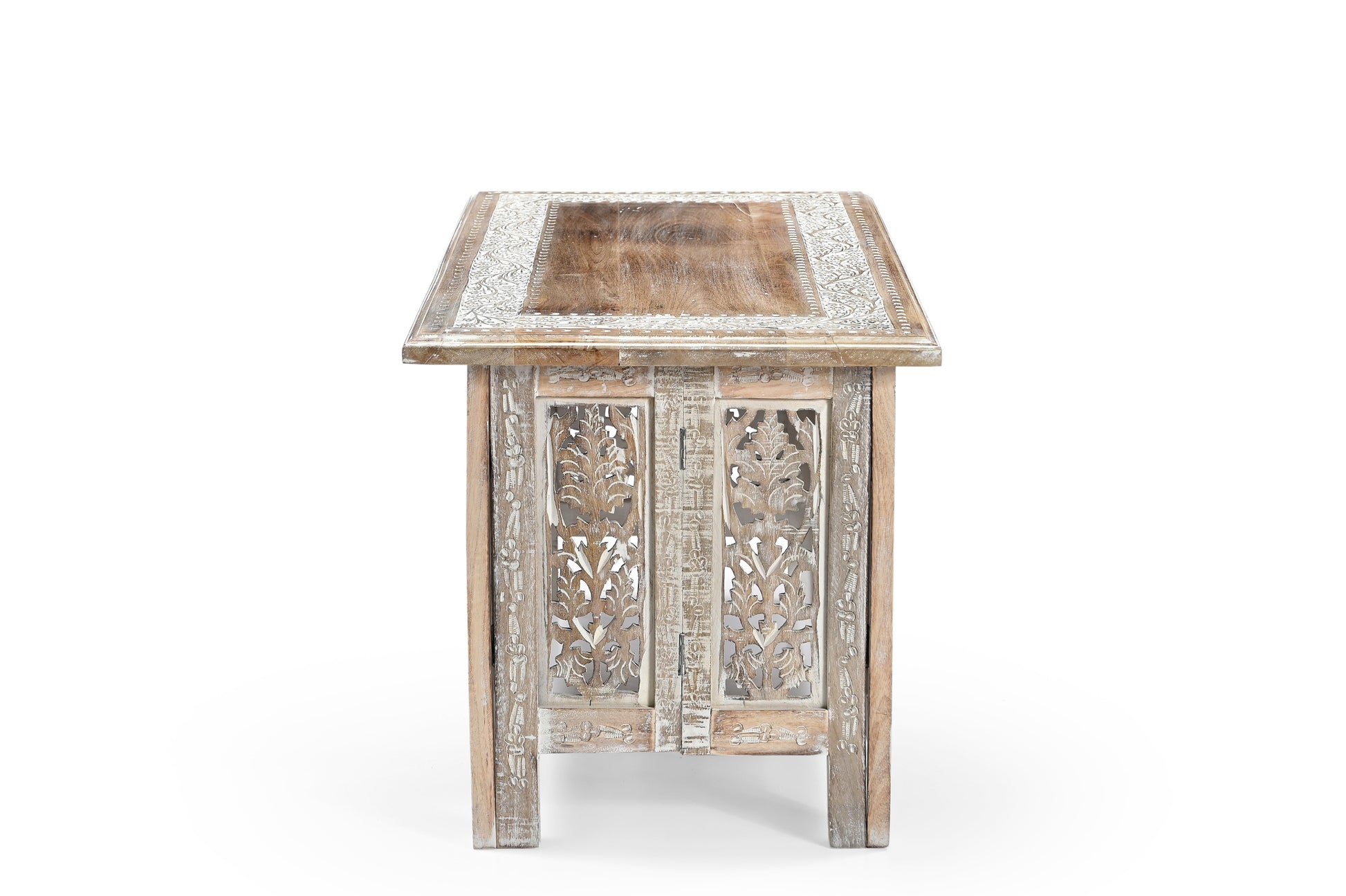 Vintage Solid Mango Wood Coffee Table - Handmade Wooden Coffee Table with Carved Details, Rustic Brown Finish, Decorative and Sturdy for Living Room - 92 x 45 x 45 cm iAnanas